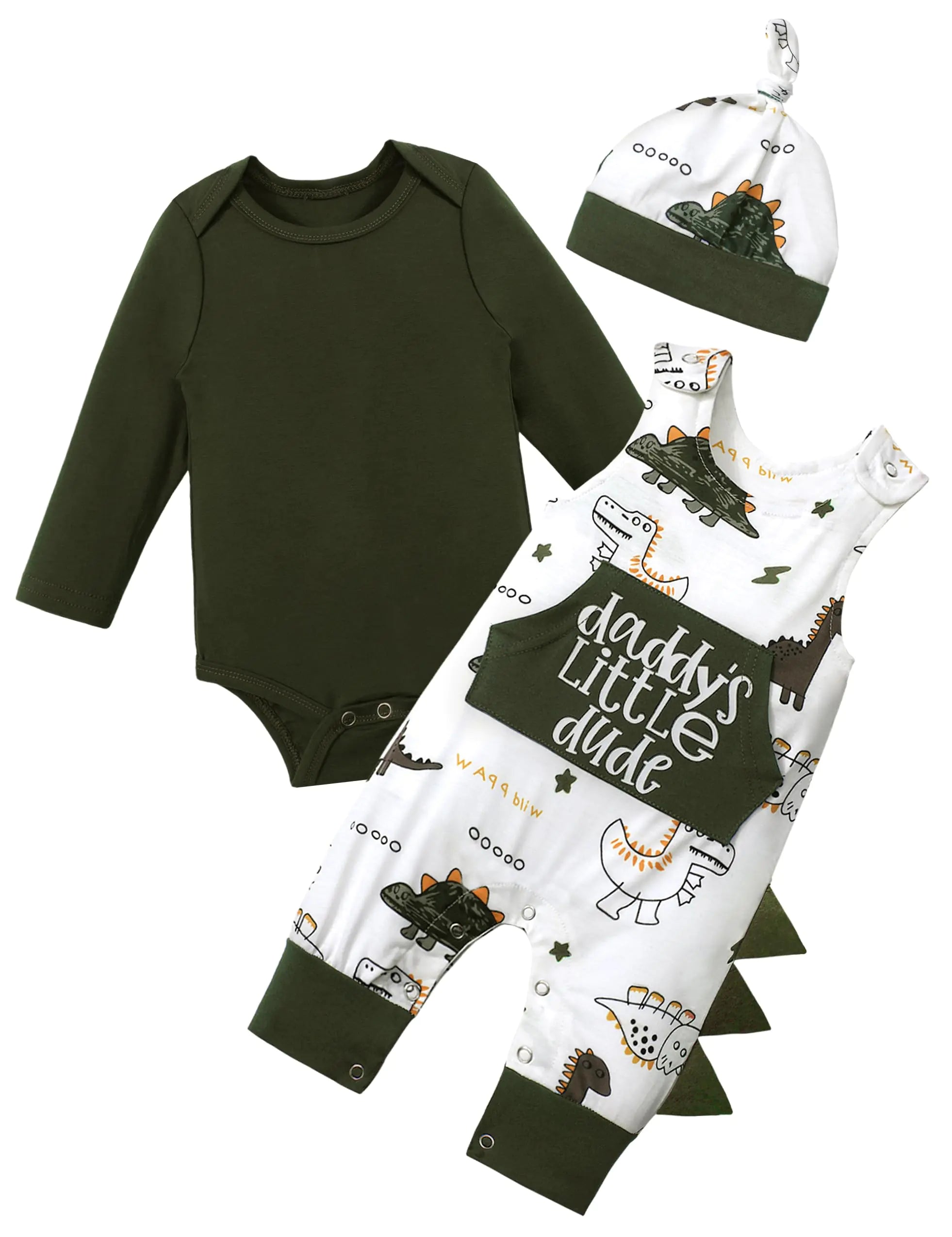 Aulyffo Baby Boy Clothes 3-6 Months Infant Boy Clothes 3Pcs Baby Boy Outfits Long Sleeve Green Baby Boy Romper Dinosaur Clothes Baby Boy Overalls with Hat - # BAAA51210025