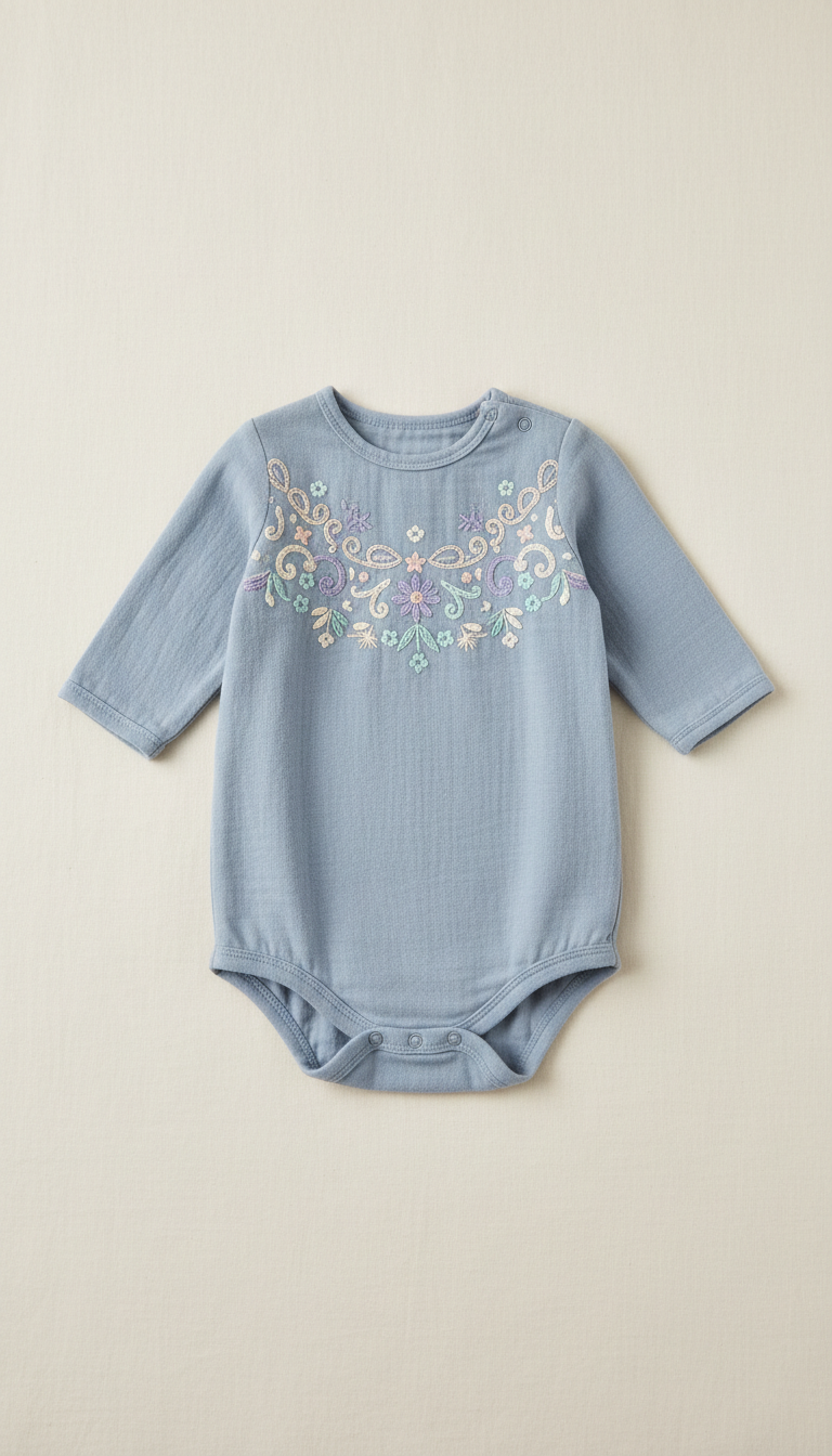 Gentle blue embroidered onesie